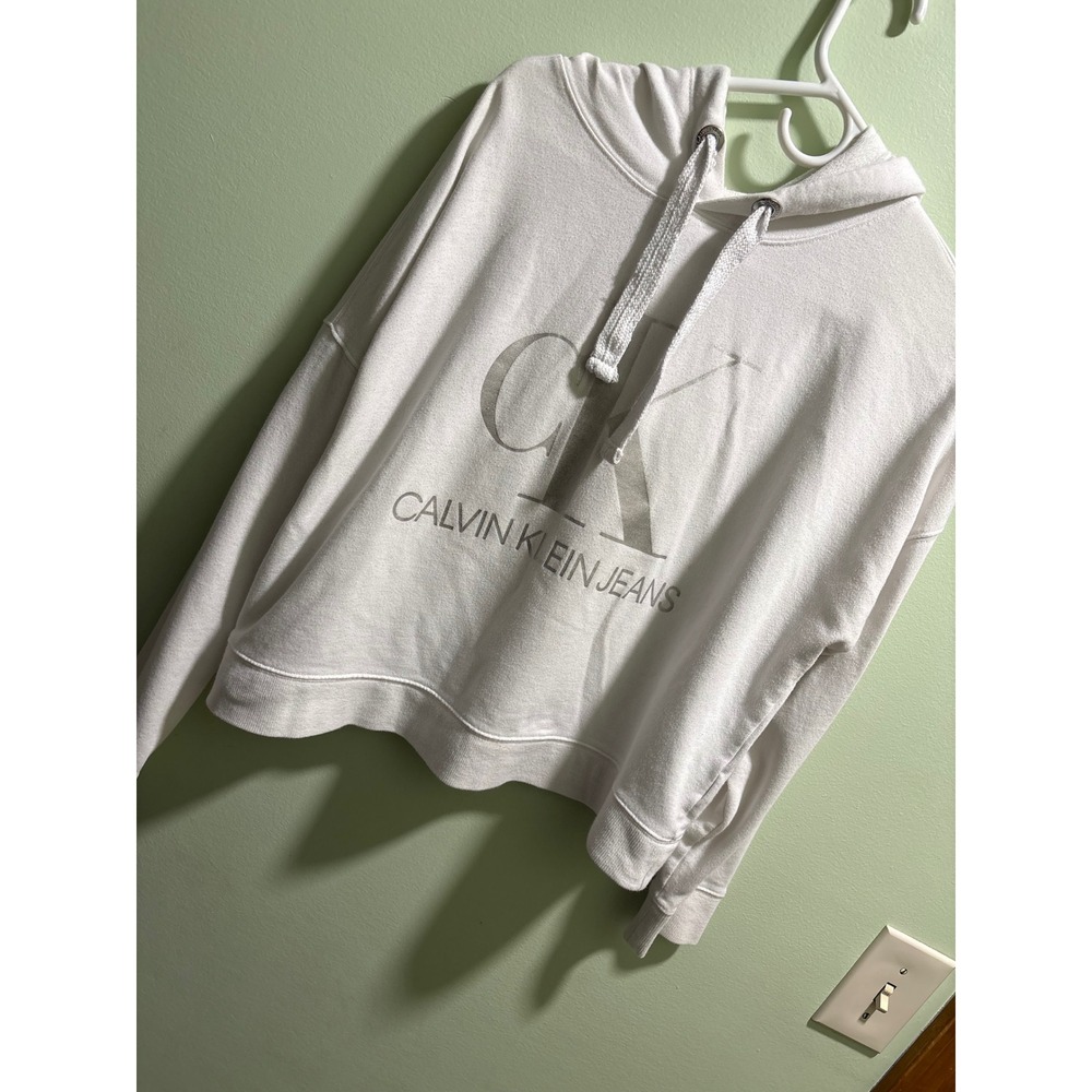 Calvin Klein Jeans Womens White Metallic Silver CK Logo Hoodie Sweatshirt